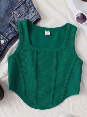 SHEIN Dark Green Textured Corset Style Crop Top - M